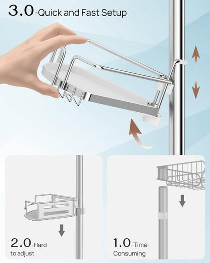 ALLZONE Corner Shower Caddy - Rustproof Tension Pole with 4 Baskets & Extra Hooks | Fits 34–116 Inch, Silver/White