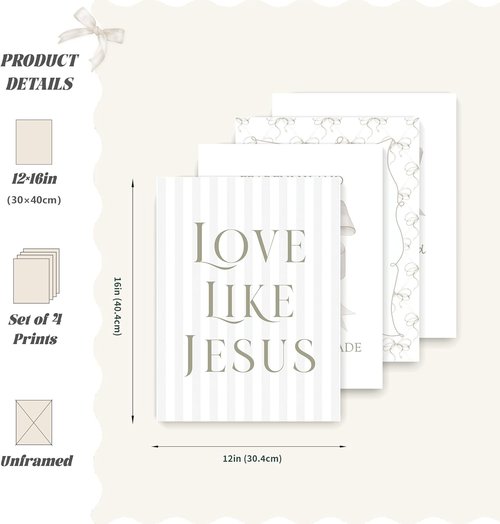 LARTSFRO Coquette Beige Bow Wall Art Decor - Inspirational Christian Posters for Teen Girls | 12x16 Inch Set of 4 Unframed
