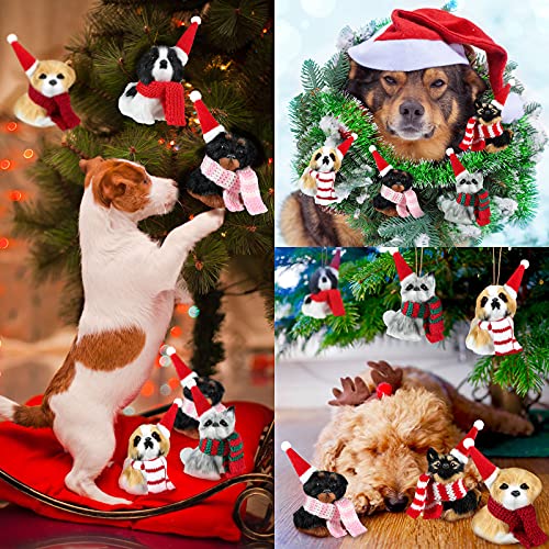 Christmas Dog Ornaments Set - Mini Fur Decor with Santa Hats & Scarves
