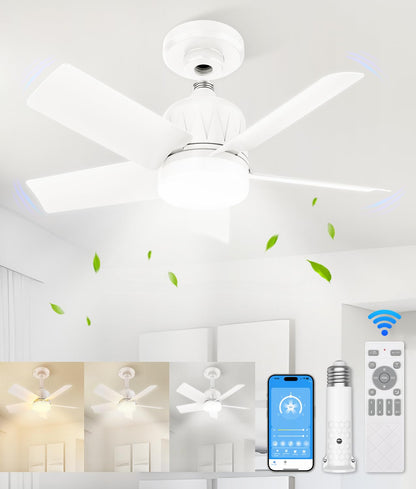 VOLISUN Socket Fan Light with Remote, Socket Ceiling Fan with Dimmable Led Light Bulb, 3CCT, 1500 Lumen Light Socket Fan, Screw in Small Ceiling Fan for Bedroom, Kitchen, Living Room, Garage(White)
