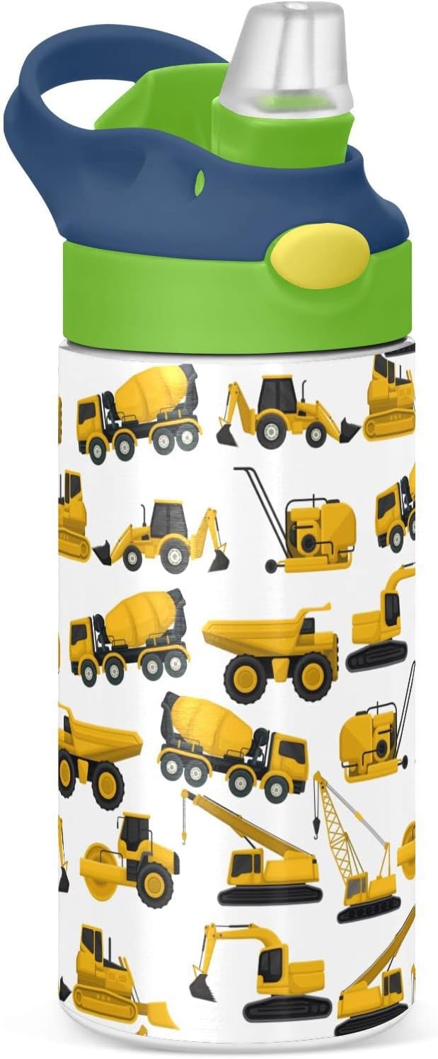 Skiennix Stainless Steel Water Bottle | 12 Oz Vacuum Insulated for Kids - Construction Truck Design