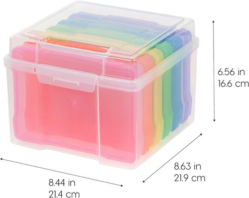 IRIS USA Photo Organizer - 5" x 7" Storage Box with Handle & 6 Inner Cases for Stickers & Flashcards - Clear