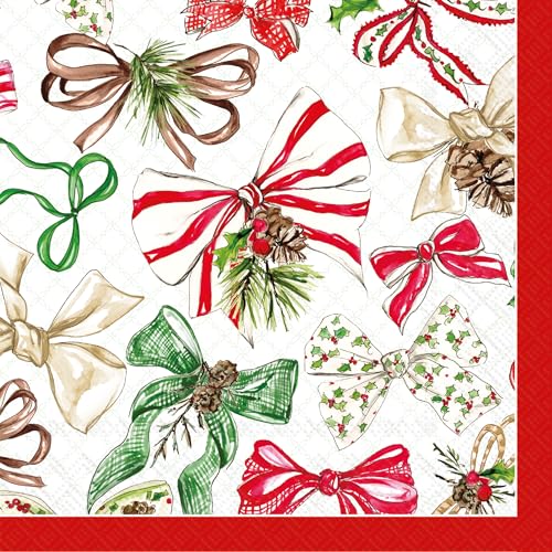 Christmas Bows Cocktail Napkins - 3-Ply Disposable Paper Party Pack, 5x5 Inches, 20-Count