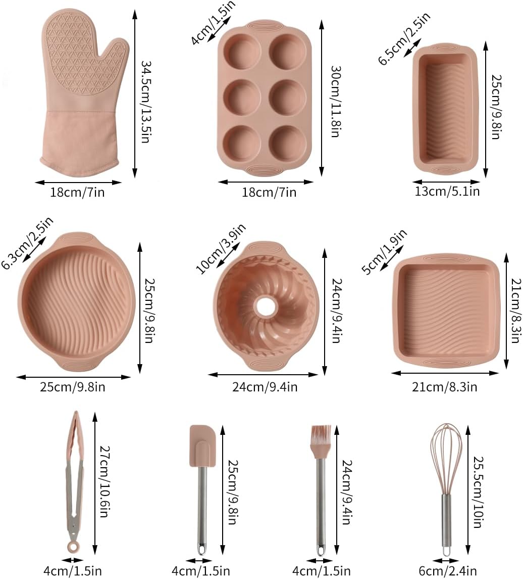 Skiennix 10-in-1 Nonstick Silicone Baking Set - BPA Free Heat Resistant Molds for Muffins, Loaves & More (Pink)
