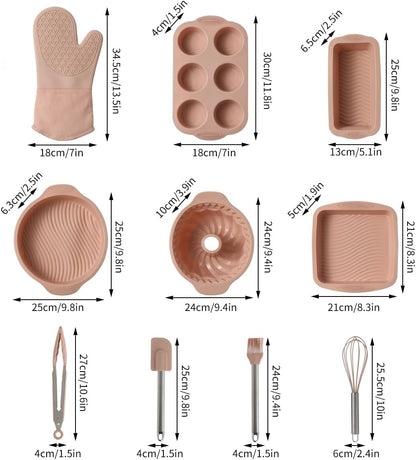 Skiennix 10-in-1 Nonstick Silicone Baking Set - BPA Free Heat Resistant Molds for Muffins, Loaves & More (Pink)