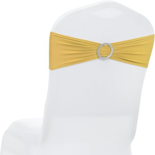 MDS Spandex Chair Sashes - Pack of 150 Elastic Stretch Bows with Buckle Slider for Wedding Decor - Gold