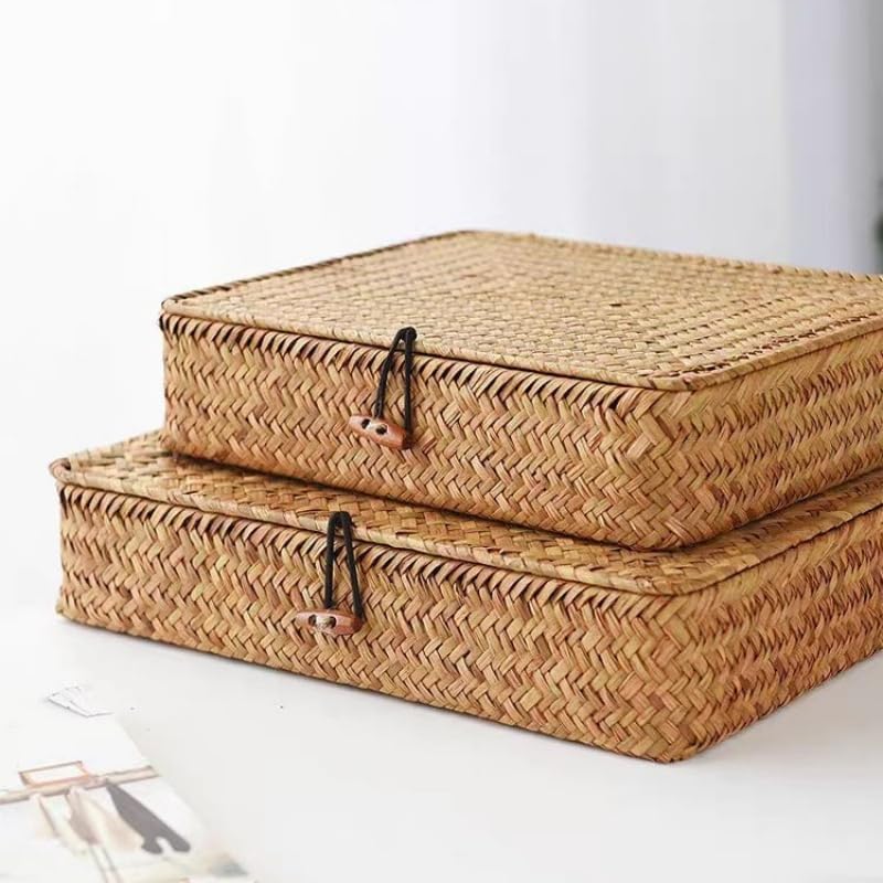 Seagrass Storage Baskets - Decorative Wicker Baskets with Lid for Organized Shelving | Shallow Design