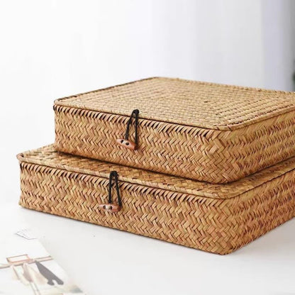 Seagrass Storage Baskets - Decorative Wicker Baskets with Lid for Organized Shelving | Shallow Design