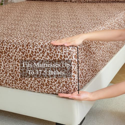 Queen 100% Cotton Leopard Sheet Set - Brown, Soft Breathable Bedding