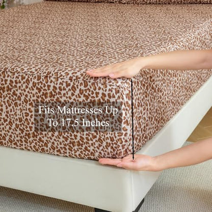 Queen 100% Cotton Leopard Sheet Set - Brown, Soft Breathable Bedding