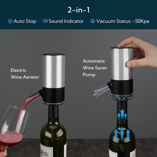 KITCHENDAO Rechargeable Electric Wine Aerator Dispenser and Wine Saver Pump, Automatic Wine Pourer with USB-C Cable, Storage Base and 2 Stoppers, Built-in Sound Indicator,Gift for Valentine's Day