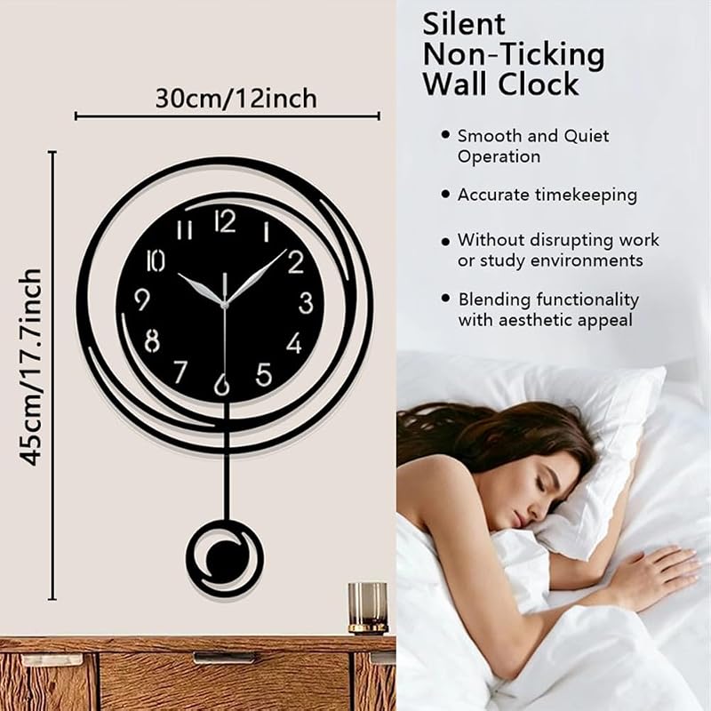 Wall Clock with Silent Quartz Movement - Modern Black & White Pendulum Design