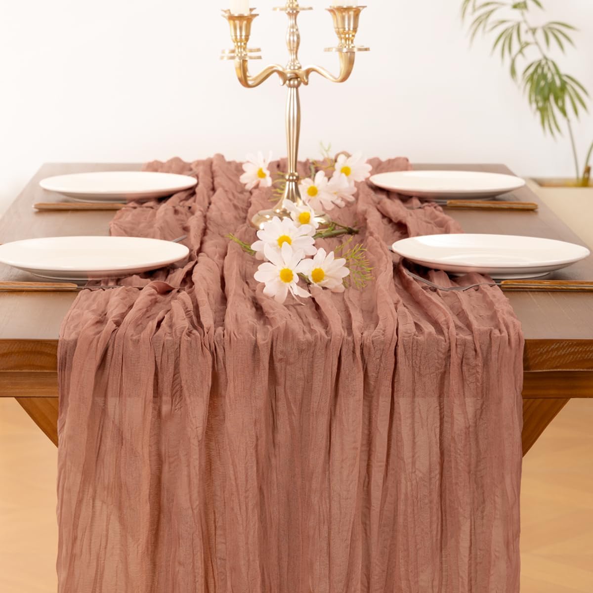Socomi Cheesecloth Table Runner - 120 Inch Dusty Rose Boho Rustic Decor for Weddings & Events