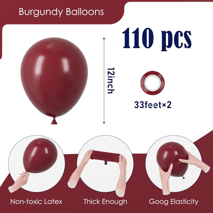 Voircoloria 110pcs Burgundy Balloons - 12 Inch Maroon Latex for Weddings, Birthdays & Celebrations