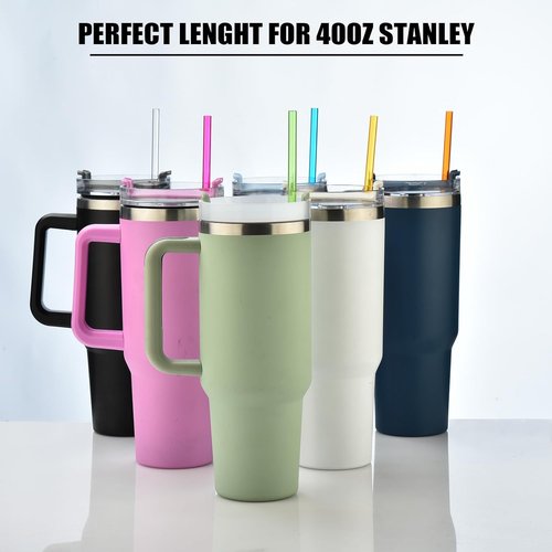 ALINK Reusable Plastic Straws - Extra Long Colorful Tritan Replacement Straws for Stanley Cups | Set of 10 with Brush