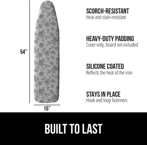 GORILLA GRIP The Original Ironing Board Cover and Pad, Silicone Coating, 400°F Scorch Resistant Thick Padding, Heavy Duty Iron Covers Standard Boards, Hook and Loop Fastener Strap, Gray Floral 15x54