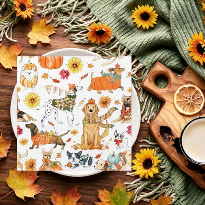 Fall Napkins Cocktail Paper Set with Dogs Pumpkins Sunflowers 50 Sheets