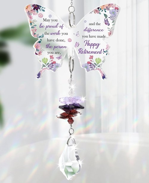 Funnli Retirement Gift for Women - Purple Crystal Window Hanging Decor | Butterfly Acrylic Plaque
