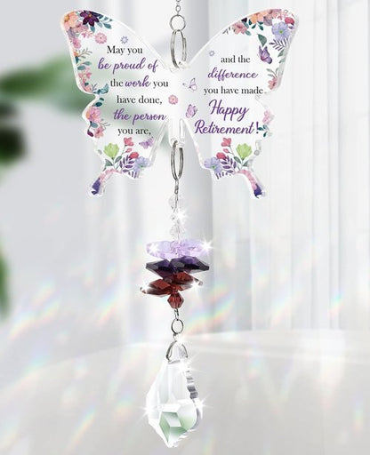 Funnli Retirement Gift for Women - Purple Crystal Window Hanging Decor | Butterfly Acrylic Plaque