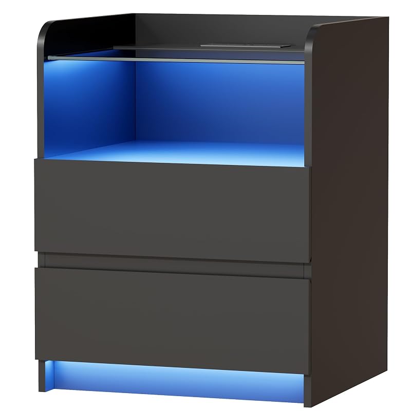 Night Stand with Charging Station and LED Lights - 2 Drawers, Glass Top