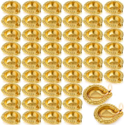 50 Pcs Brass Diya Oil Lamps for Pooja Diwali Decor Lotus Design - Reusable