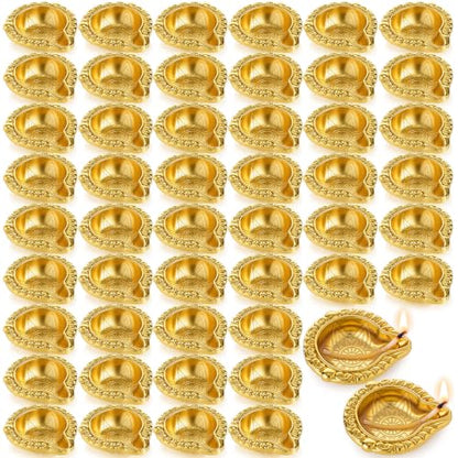 50 Pcs Brass Diya Oil Lamps for Pooja Diwali Decor Lotus Design - Reusable