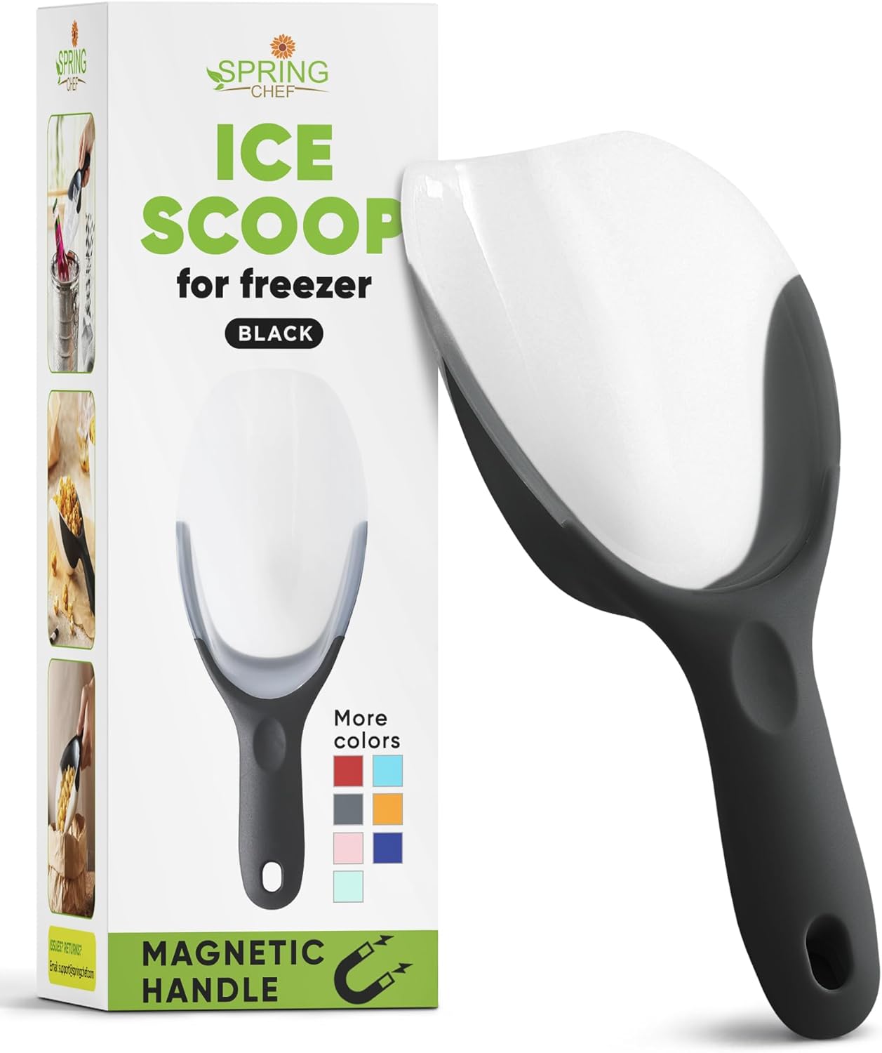 Spring Chef Magnetic Ice Scoop - BPA-Free Flexi-Plastic with Soft Grip Handle | Dishwasher Safe for Kitchen Use - Black