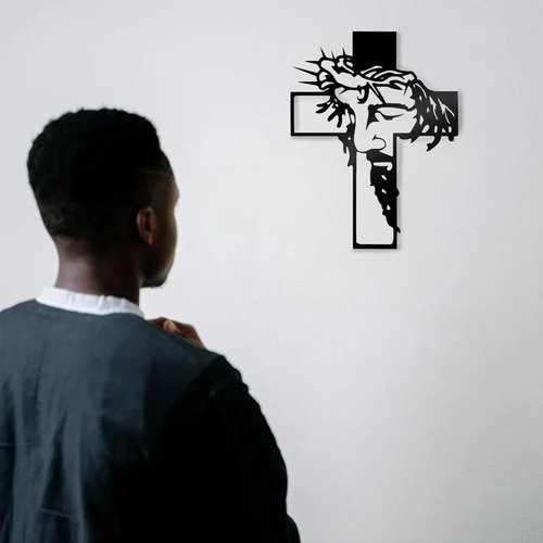 Black Jesus Wall Cross Decor - Metal Crucifix Wall Sculpture for Home & Office | 12.59 x 9.84 in