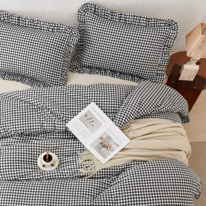Gingham Checkered Twin Comforter Set with Ruffle Edges - Black & White