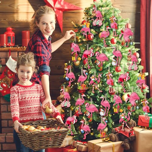 Christmas Wooden Ornaments Flamingo Set - 36 Pieces Holiday Tree Decorations