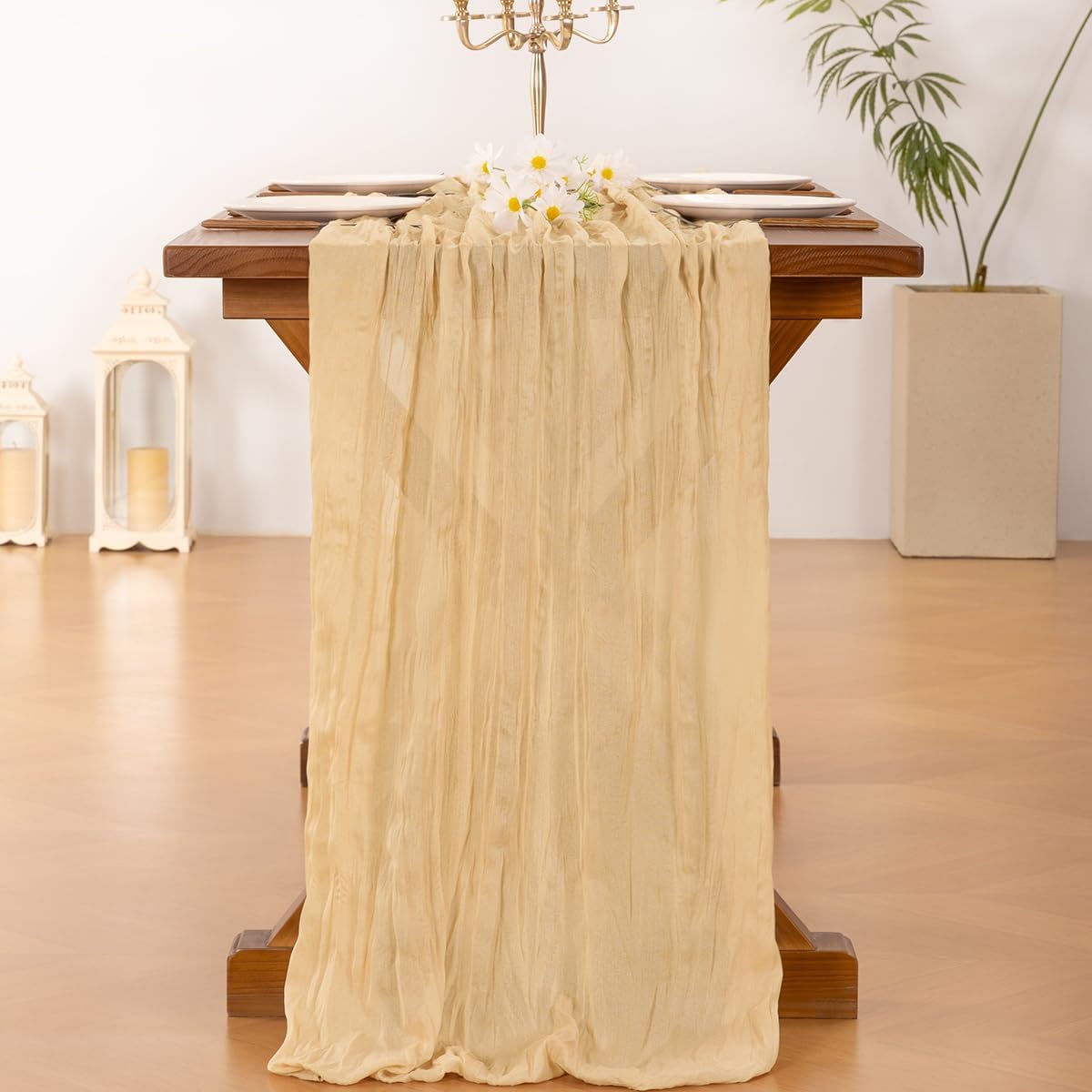 Socomi Gold Champagne Cheesecloth Table Runner - 120 Inch Rustic Boho Decor for Weddings & Events