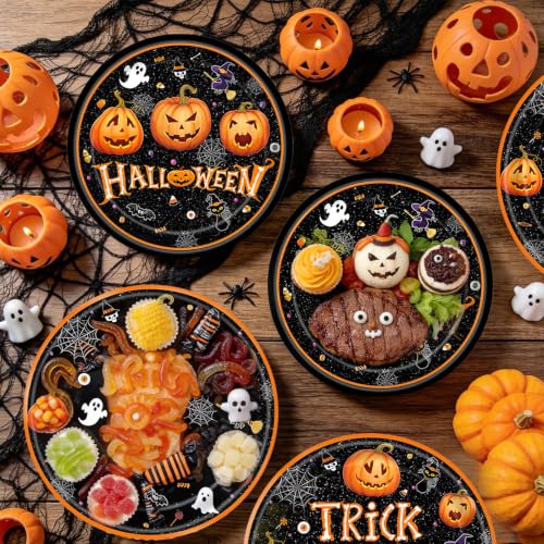 Halloween Trick or Treat Paper Plates Set - 50 Pcs Party Dinnerware with Pumpkin & Ghost Designs