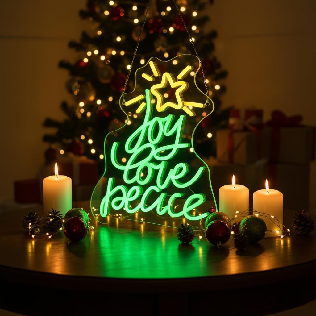 Neon Sign by Christmas Tree - USB Powered LED Light for Wall Decor | Peace, Love, Joy Design