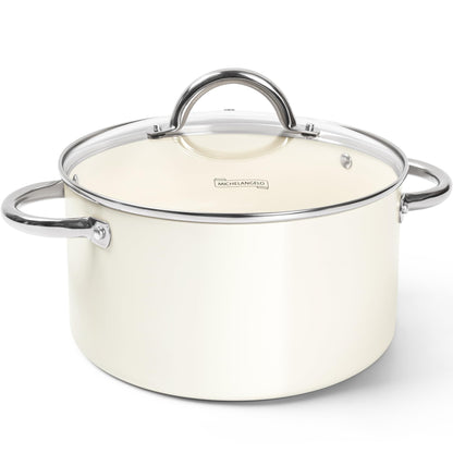 MICHELANGELO Stock Pot with Lid, 6 Quart Soup Pot with Lid for Cooking, Non Stick Ceramic Coating, Stainless Steel Handle, Induction Compatible, Cream
