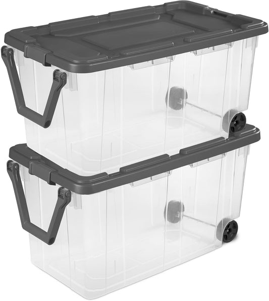 Stacker 160 Quart Wheeled Bin - Extra Large Durable Clear Storage with Latch Lid & Pull Handle | Gray, 2 Count
