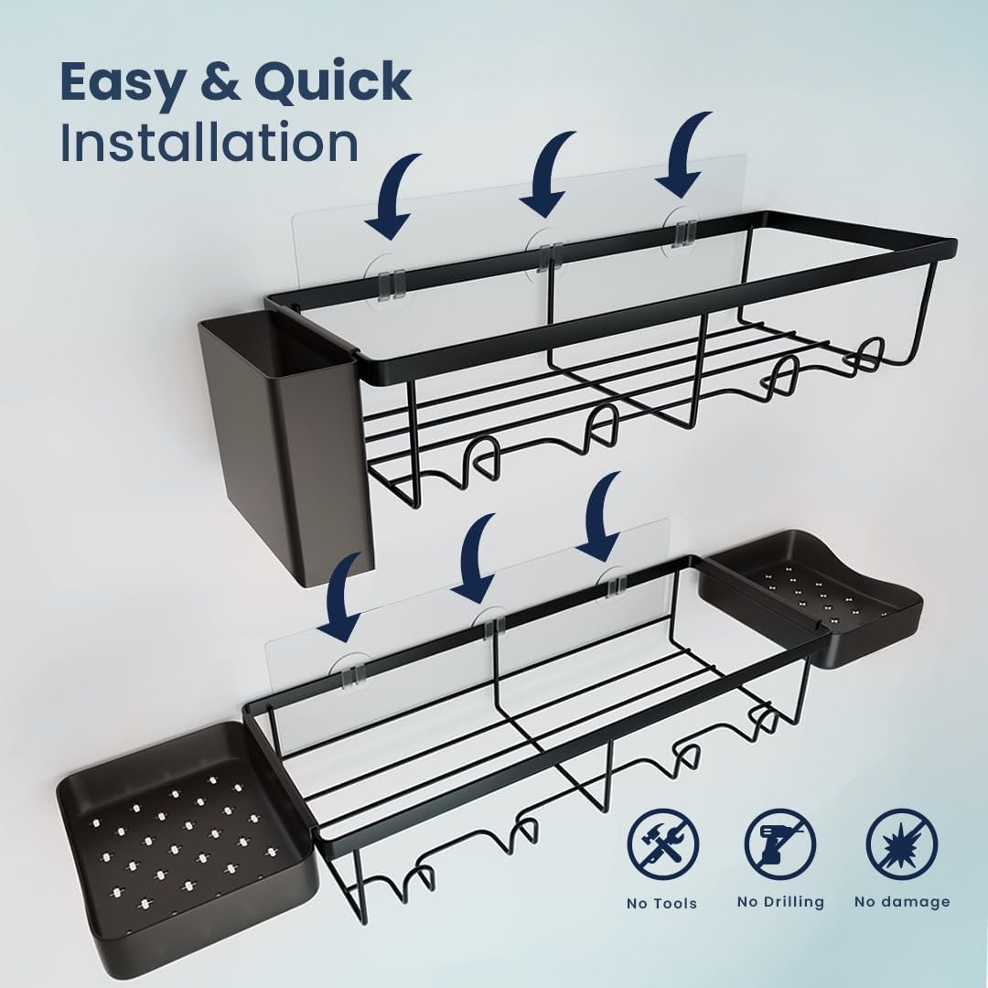 Sben Shower Caddy - Rustproof Adhesive Organizer with 5 Large Capacity Shelves | No-Drill Bathroom Storage in Black