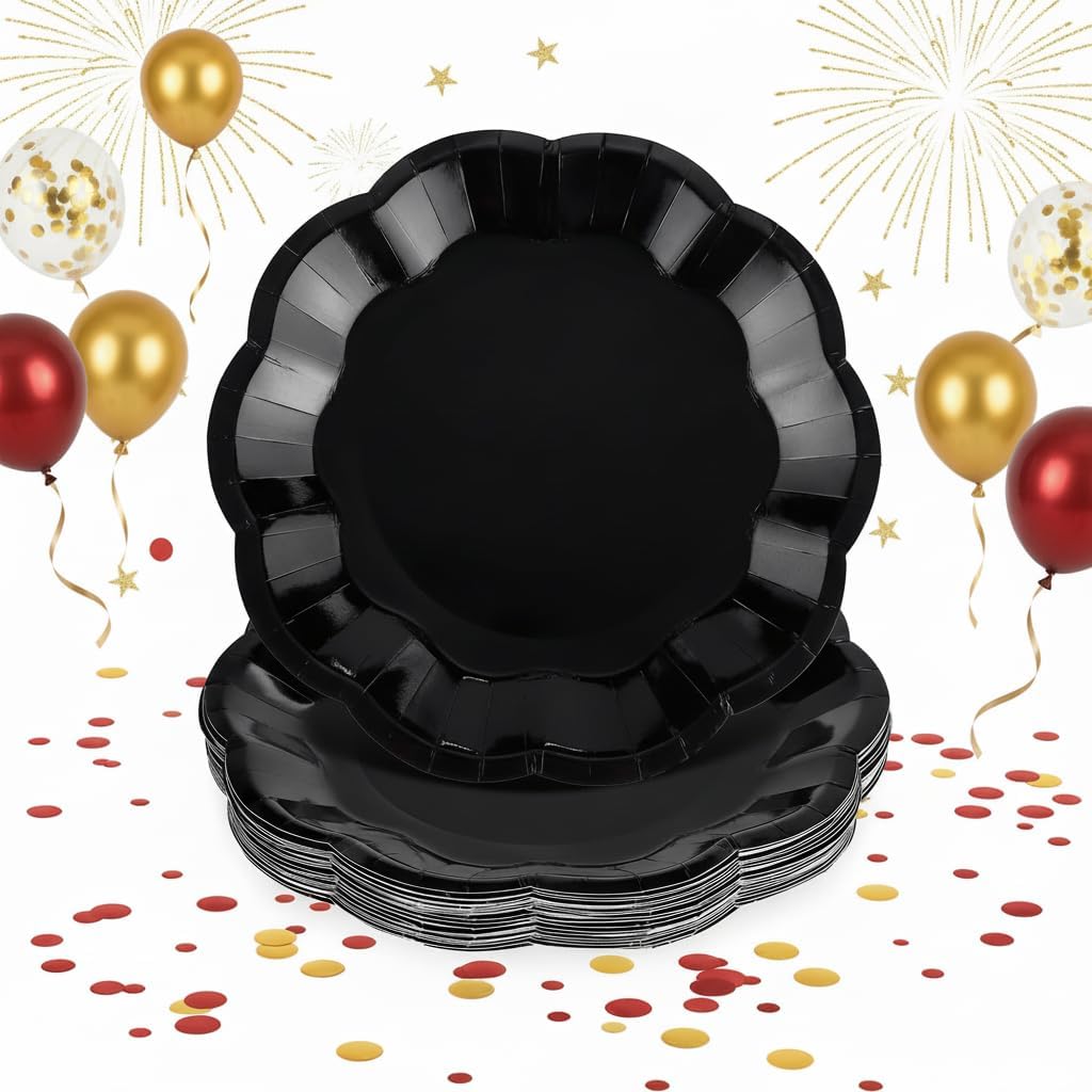 Skiennix 30 Pack Bow Cake Toppers - Elegant Black Paper Plates Included | Perfect for Parties