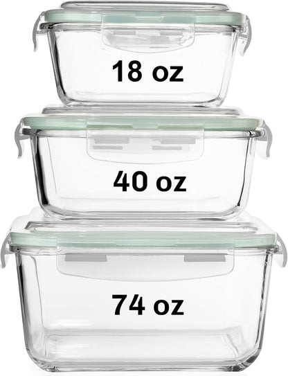 Razab Glass Food Storage Containers Set - 6 PC Airtight Lids, 74/40/18 oz | Reusable Meal Prep, Oven & Dishwasher Safe