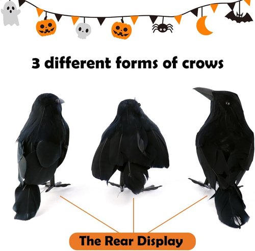 AEVBSOY Black Feathered Crows - Realistic Handmade Halloween Decorations | 3 Pack for Indoor/Outdoor Use