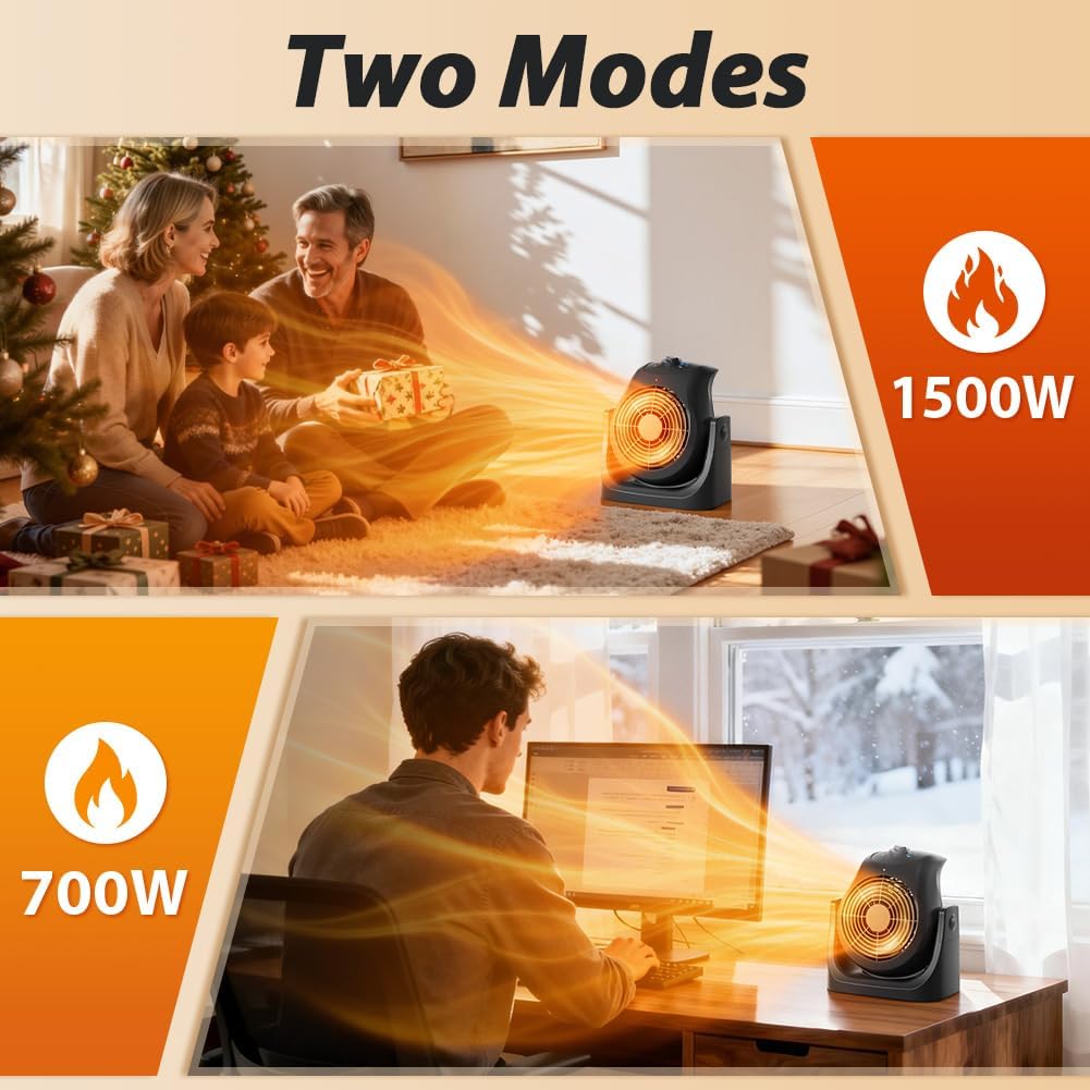 Skiennix Portable Electric Space Heater & Desk Fan - 2-in-1 Combo with 45° Tilt & 1500W Overheat Protection