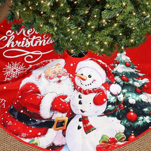 Christmas Tree Skirt Santa Claus Snowman Prints 28 Inch Red Festive Decor