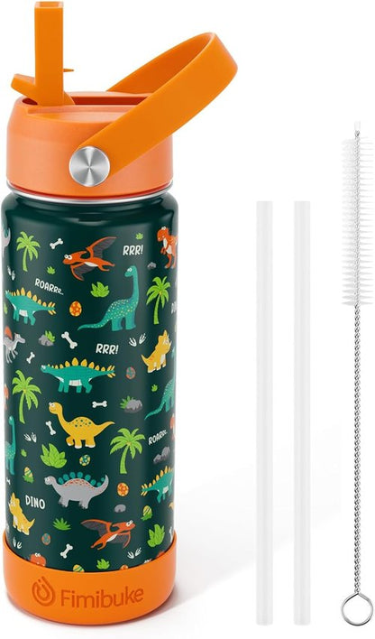 Fimibuke Kids Insulated Water Bottle - 18oz BPA-Free Stainless Steel Tumbler with Straw | Green Dinosaur Design