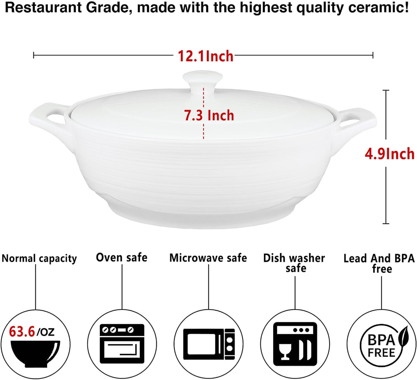 Regine Switzerland Oval Casserole Dish - 1.9 Quart French White Ceramic with Lids | 9" x 6.5" Baking Dish for Casseroles & Lasagna