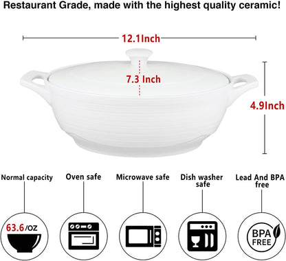 Regine Switzerland Oval Casserole Dish - 1.9 Quart French White Ceramic with Lids | 9" x 6.5" Baking Dish for Casseroles & Lasagna