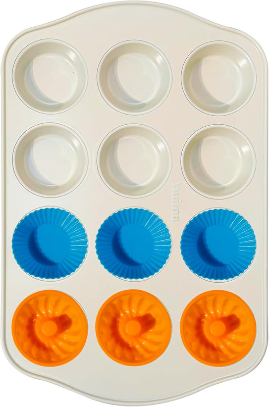 Sunshine Cream Nonstick Muffin Pan - 12 Silicone Baking Cups, Easy to Clean & Dishwasher Safe