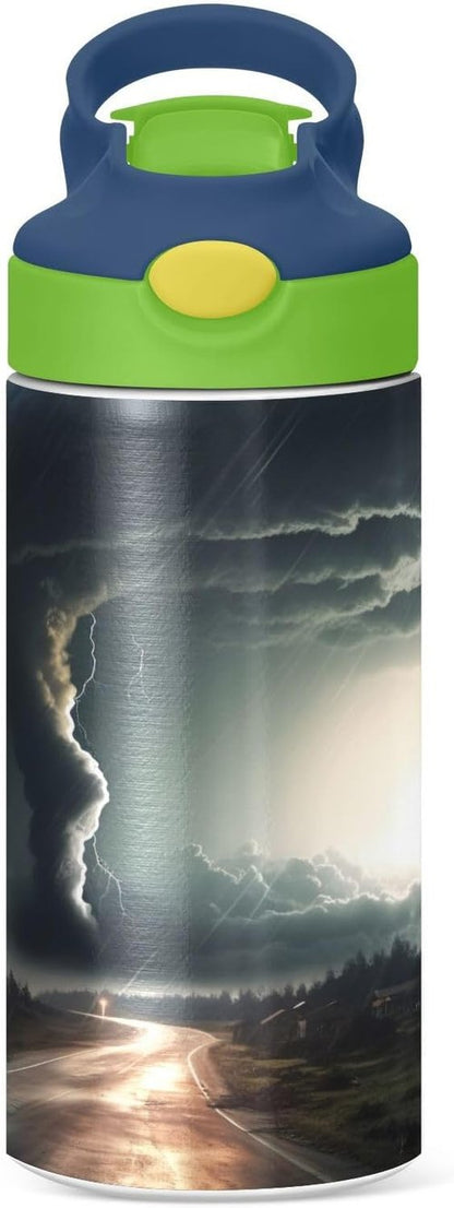 Black Tornado Kids Water Bottle - 12oz Insulated Stainless Steel, BPA Free, Leak-Proof, Green