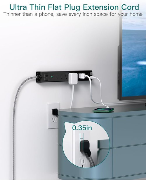 Addtam Surge Protector Power Strip - 6 AC Outlets & 4 USB Ports (2 USB-C) | 1875W Flat Plug for Home & Office