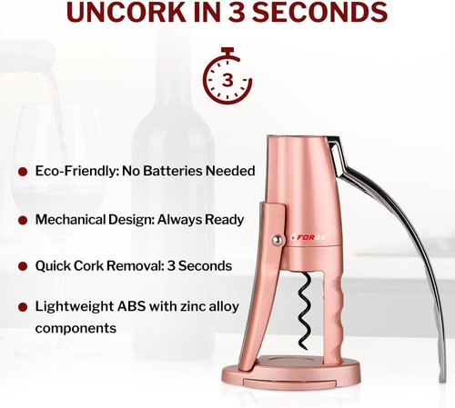 Forge Quality Compact Vertical Lever Corkscrew Wine Opener with Foil Cutter. 3 Seconds to Open a Bottle of Wine. Pink.