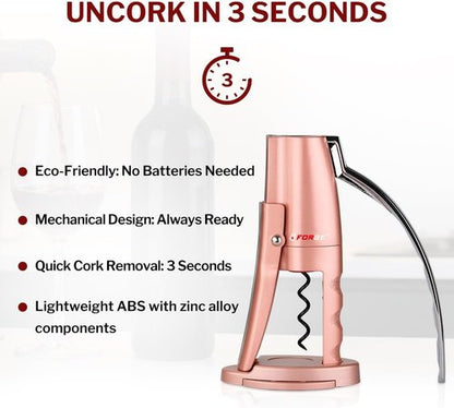 Forge Quality Compact Vertical Lever Corkscrew Wine Opener with Foil Cutter. 3 Seconds to Open a Bottle of Wine. Pink.