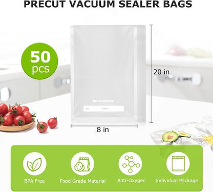 Bonsenkitchen Vacuum Sealer Bags - 50 Quart Heavy Duty BPA-Free Precut Food Storage Bags | 8" x 12" Size
